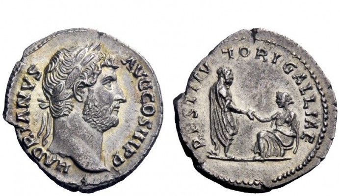 The Roman Empire 
 Hadrian, 117 – 138 
 Denarius circa 134-138, AR 3.21 g. HAD...