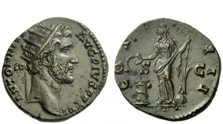 The Roman Empire 
 Antoninus Pius augustus, 138 – 161 
 Dupondius 140-143, Æ 9...
