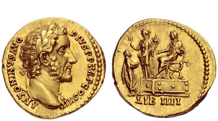 The Roman Empire 
 Antoninus Pius augustus, 138 – 161 
 Aureus 145-161, AV 7.4...