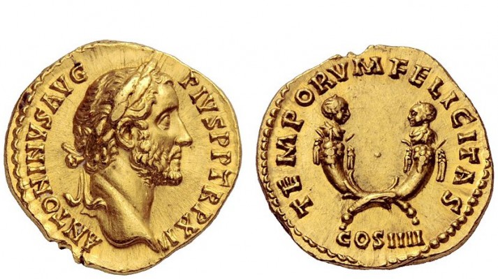 The Roman Empire 
 Antoninus Pius augustus, 138 – 161 
 Aureus 149, AV 7.24 g....