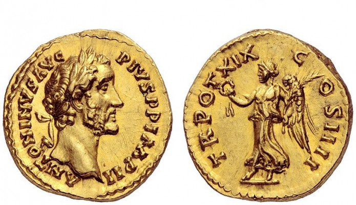 The Roman Empire 
 Antoninus Pius augustus, 138 – 161 
 Aureus 155-156, AV 7.0...