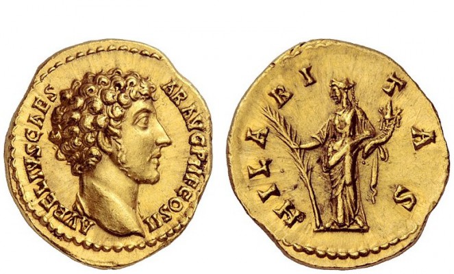 The Roman Empire 
 Marcus Aurelius caesar, 139 – 161 
 Aureus 145-147, AV 7.23...