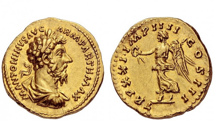 The Roman Empire 
 Marcus Aurelius augustus, 161 – 180 
 Aureus 166-167, AV 7....