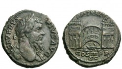 The Roman Empire 
 Septimius Severus, 193 – 211 
 As 208, Æ 10.17 g. SEVERVS – PIVS AVG Laureate head r. with aegis. Rev. PM TR P XVI COS Bridge wit...