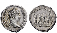 The Roman Empire 
 Caracalla, 198 – 217 
 Denarius 206-210, AR 3.25 g. ANTONINVS – PIVS AVG Laureate head r. Rev. FELICIA / TEMPORA The four seasons...