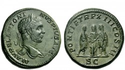 The Roman Empire 
 Caracalla, 198 – 217 
 Sestertius 210, Æ 26.74 g. M – AVREL ANTONI – NVS PIVS AVG Laureate bust r., with drapery on l. shoulder. ...