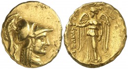 Imperio Macedonio. Alejandro III, Magno (336-323 a.C.). Sidón. Estátera de oro. (S. 6706 var) (MJP. 3457). 7,64 g. Golpes. Canto dentellado. (MBC+).