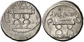 (hacia 54 a.C.). Gens Pompeia. Denario. (Bab. 5) (Craw. 434/2). 4,03 g. Anverso desplazado. (MBC+).