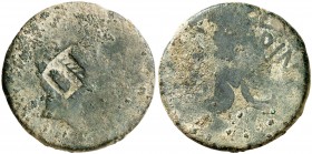 Octavio Augusto. As. 9,69 g. Leyendas no legibles. Contramarca D en anverso. BC-.