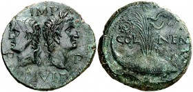 (después 10 a.C.). Agripa y Augusto. Galia. Nemansus. Dupondio. (Spink 1731) (Co. 8) (RIC. 159). 12,80 g. Pátina verde. MBC+.
