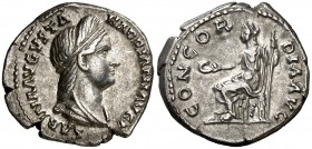 (129 d.C.). Sabina. Denario. (Spink 3919 var) (S. 25) (RIC. 399a). 3,34 g. EBC-.