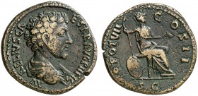 (152-153 d.C.). Marco Aurelio. Sestercio. (Spink 4814 var) (Co. 654) (RIC. 1309b, de Antonino pío). 23,64 g. MBC.