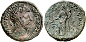 (170 d.C.). Marco Aurelio. Sestercio. (Spink 4998 var) (Co. 547) (RIC. 979). 24,37 g. MBC.