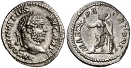 (211 d.C.). Caracalla. Denario. (Spink 6818) (S. 149) (RIC. 222). 3,45 g. EBC-.