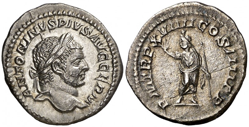 (216 d.C.). Caracalla. Denario. (Spink 6829 var) (S. 348) (RIC. 280c). 3,41 g. M...