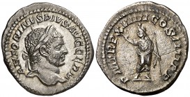 (216 d.C.). Caracalla. Denario. (Spink 6829 var) (S. 348) (RIC. 280c). 3,41 g. MBC+.