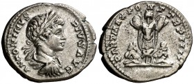 (201 d.C.). Caracalla. Denario. (Spink 6853 var) (S. 175a) (RIC. 54a). 3,17 g. MBC+.