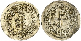 Egica y Wittiza (694-702). Mentesa (La Guardia). Triente. (CNV. 570.7) (R.Pliego 726a). 1,21 g. Limpiada. Algo alabeada. Rara. (MBC+).