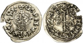 Egica y Wittiza (694-702). Emerita (Mérida). Triente. (CNV. falta) (R.Pliego falta). 1,16 g. Limpiada. Cospel algo faltado. Rara. (MBC+).