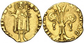 Pere III (1336-1387). Barcelona. Florí. (Cru.V.S. 389 var) (Cru.C.G. 2210 var). 3,39 g. Marca: rosa de puntos pequeños. Orla interior en reverso. Rara...