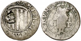 s/d. Felipe II. Perpinyà. 1 sou. (Cal. 841) (Cru.C.G. 3807a). 1,55 g. Contramarca: cabeza de San Juan. Rara. MBC-.