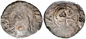 1580. Felipe II. Puigcerdà. 1 diner. (Cal. 845) (Cru.C.G. 3830a). 0,68 g. Contramarca: P. Rara. MBC-.