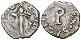 s/d. Felipe II. Messina. 1/4 de tari o cinquina. (Vti. 87) (MIR. 337) (Spahr 276). 0,56 g. Rayitas. Escasa. (MBC-).