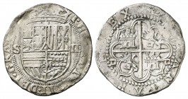 s/d. Felipe II. Sevilla. . 2 reales. (Cal. 536). 6,77 g. - en 3er y 4º cuartel. Ex Colección Canarias, Áureo 03/04/2001, nº 9. Escasa. MBC-