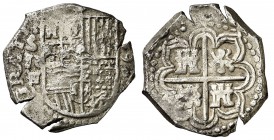 1590. Felipe II. Sevilla. H/. 2 reales. (Cal. 542 var). 7,01 g. La H del ensayador rectificada sobre . Muy rara. MBC-.