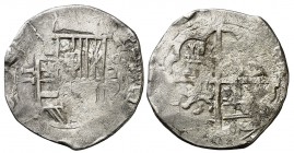 s/d. Felipe II. Toledo. . 2 reales. (Cal. 554, mismo ejemplar). 6,63 g. Acuñación floja. Muy rara. ¿Única conocida?. BC+