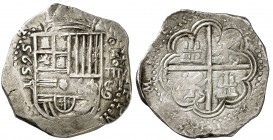 1595. Felipe II. Granada. . 4 reales. (Cal. 303). 13,64 g. Corona pequeña. Leones inclinados. Dos flores de lis en las armas de Borgoña. Atractiva. Ra...