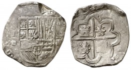 1595. Felipe II. Segovia. . 4 reales. (Cal. 363). 13,68 g. Dos barras en las armas de Borgoña. Muesca en anverso. Rara. MBC-.