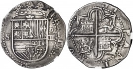 s/d. Felipe II. Sevilla. . 4 reales. (Cal. 391). 13,66 g. Flor de lis entre escudo y corona. En cápsula de la NGC como XF40. Buen ejemplar. Escasa así...