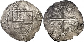 s/d. Felipe II. Sevilla. . 4 reales. (Cal. 391). 13,60 g. Flor de lis entre escudo y corona. En cápsula de la NGC como MS62. Mínima hojita. Atractiva....