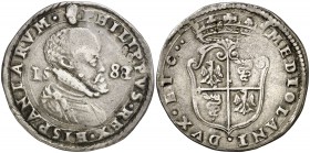 1588/2. Felipe II. Milán. 1/2 escudo. (Vti. falta) (MIR. 314/7 var) (Crippa 26/C-2). 15,96 g. Bonita pátina. Ex Colección Princesa de Éboli, 20/10/201...