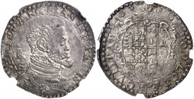 s/d. Felipe II. Nápoles. IBR. 1/2 ducado. (Vti. 352) (MIR. 159). En cápsula de la NGC como MS63. Muy bella. Brillo original. Rara así. EBC.