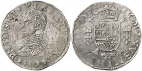 1594. Felipe II. Amberes. 1/2 escudo. (Vti. 1046) (Vanhoudt 364.AN) (Van Gelder & Hoc 211-1c). 17,09 g. Con el escusón de Portugal. Plata agria. Bonit...