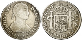 1811. Fernando VII. Lima. JP. 2 reales. (Cal. 899). 6,47 g. Busto indígena. Escasa. BC+/MBC-.