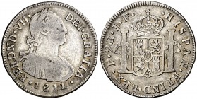 1811. Fernando VII. Popayán. JF. 2 reales. (Cal. 975 var) (Restrepo 114-3). 6,61 g. Golpecitos. Rara. BC+/MBC-.