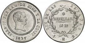 1821. Fernando VII. Madrid. SR. 10 reales. (Cal. 762). 13,23 g. Tipo "cabezón". Punto después de la G. Rayitas por limpieza. (MBC+).