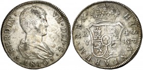 1810. Fernando VII. Valencia. SG. 4 reales. (Cal. 829). 13,38 g. Manchitas. Hojita en reverso. Muy escasa. (MBC+).