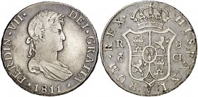 1811. Fernando VII. Cádiz. CI/IC. 8 reales. (Cal. 371 var). 26,88 g. Rectificación de ensayador muy rara. MBC/MBC+.