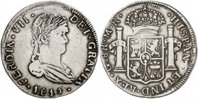 1814. Fernando VII. Guadalajara. MR. 8 reales. (Cal. 436). 26,49 g. Cuarto busto. Escasa. MBC-.