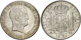 1822. Fernando VII. Madrid. SR. 20 reales. (Cal. 516). 26,95 g. Tipo "cabezón". Muy escasa. MBC+/MBC.