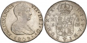 1809. Fernando VII. Sevilla. CN. 8 reales. (Cal. 635). 27,25 g. Busto desnudo. Atractiva. Escasa así. EBC-/EBC.