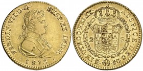 1813. Fernando VII. Madrid. IG. 2 escudos. (Cal. 206) 6,72 g. Segundo busto. Atractiva. Parte de brillo original. No figuraba en la Colección de 2 rea...