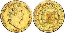 1827. Fernando VII. Madrid. AJ. 2 escudos. (Cal. 224). 6,71 g. Estuvo engarzada pero no fue usada como joya. (MBC).