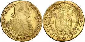 1809. Fernando VII. Popayán. JF. 8 escudos. (Cal. 65) (Cal.Onza 1276) (Restrepo 128-3). 26,89 g. Hojita y leves rayitas. Bonito color. MBC+.