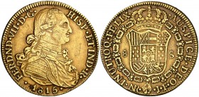 1815. Fernando VII. Santa Fe de Nuevo Reino. JF. 8 escudos. (Cal. 104) (Cal.Onza 1330) (Restrepo 127-19a). 26,95 g. Sin punto entre IN y UTROQ. Leves ...