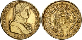 1808. Fernando VII. Santiago. FJ. 8 escudos. (Cal. 112) (Cal.Onza 1341). 26,98 g. Busto almirante. Mínimas hojitas. Bonito color. Rara. MBC.